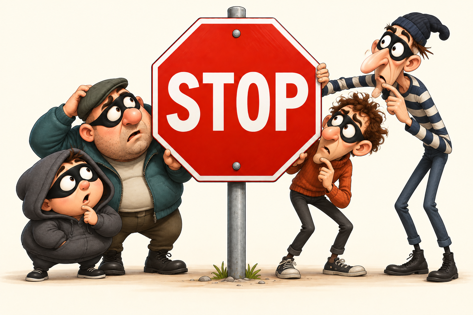 Four bumbling burglars look puzzled by a large red STOP sign.